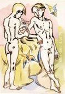 Two Nude Boys Withdraped Cloth And Butterflies by Albert Wainwright