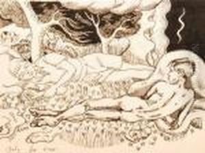 "onlyfor Ever" Depicting Two Young Males Reclining To A Landscape Setting by Albert Wainwright