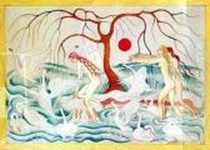 Young Naked Women And Swans Before A Tree And Setting Sun
