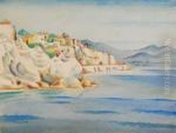 Mediterranean Coastal Scene With Buildings Close To The Shore And A Rocky Headland - view 1