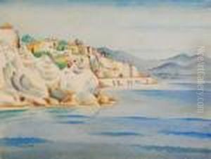 Mediterranean Coastal Scene With Buildings Close To The Shore And A Rocky Headland