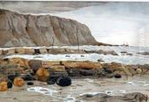 Coastal Landscape At Low Tide With Rocky Foreshore And Distant Boat - view 1