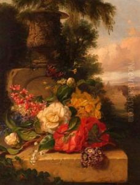 Still
Life Study Of Mixed Flowers And Butterfly On Marble Ledge - view 1