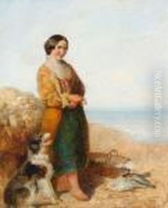 Young Fisherwoman With Dog On Beach