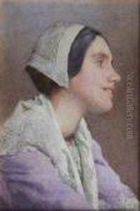 Portrait Of A Girl Wearing A Lilac Dress Witha White Lace Shawl And Cap