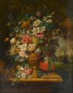 Still Life Of Mixed Flowers In An Urn, A Country House Beyond by John Wainwright