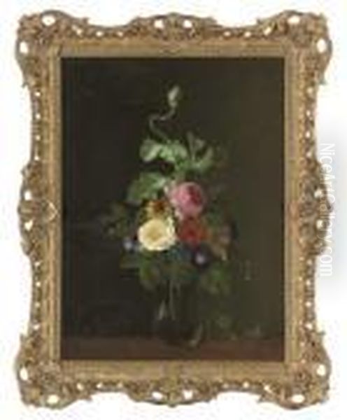 Roses, Convolvulus, And Morning Glory In A Glass Vase, On A Table - view 1