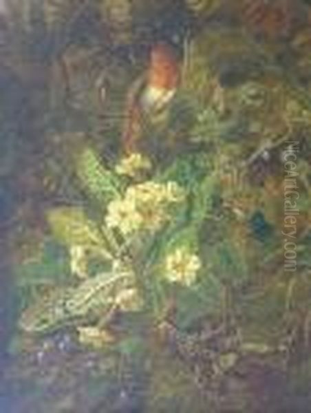 Primroses And Violets On A Bank With A Robin In Song - view 1