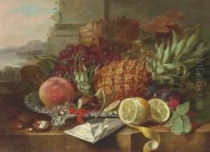 A Pineapple, Grapes, A Peach With Other Fruit On A Ledge, Alandscape Beyond