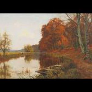 Autumn River Scene With Moored Boat Autumn River Scene With Moored Boat