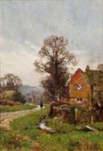 A Woman Walking Along A Village Lane by Edward Wilkins Waite