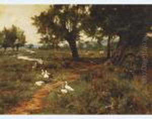 Geese And Cows In A Wooded River Landscape by Edward Wilkins Waite