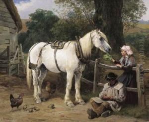 Farmyard With Two Figures, Chickens And White Horse In Harness