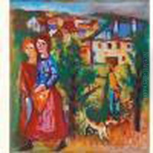 Personnages Et Chien Devant Le Village by Charles Walch