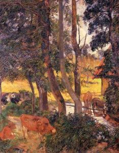Cattle Drinking Aka Edge Of The Pond by Paul Gauguin