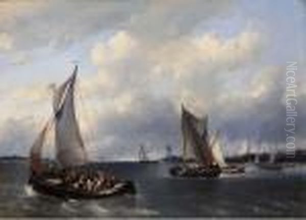 Sailing Vessels On Choppy Water, A Town In The Distance - view 1
