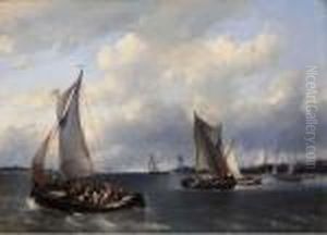 Sailing Vessels On Choppy Water, A Town In The Distance