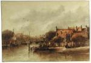 A View Of A Dutch Town On A River, Figures In A Boat In Theforeground, A Bridge Beyond by Antonie Waldorp