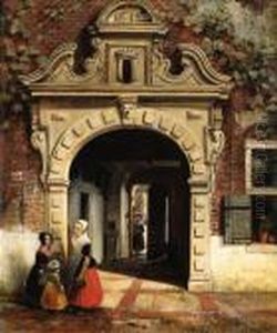 A Sunlit Countryard With Figures Conversing Under A Brickarchway by Antonie Waldorp