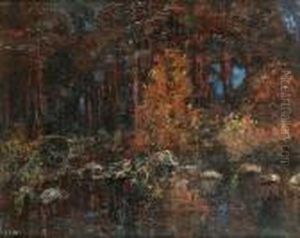 Woodland Scene With Pond by John Crampton Walker