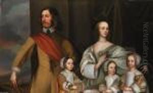 Group Portrait Of Alexander 
Popham Of Littlecote, Wiltshire, Withhis Wife, Letitia Carre, And Three 
Daughters, Essex, Letitia Andanne, By A Window With A Landscape Beyond by Robert Walker