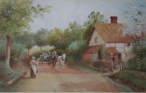 Scene On A Village Lane; Fishing By A Country Bridge by Robert Hollands Walker