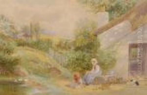 Girls Outside A Country Cottage by Robert Hollands Walker