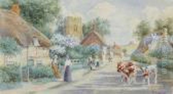 Cows On A Village Street; Feeding The Ducks - view 1
