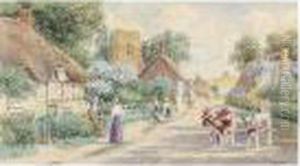 Figures By A Stream Feeding Ducks; Cows And Figures In A Village Street by Robert Hollands Walker