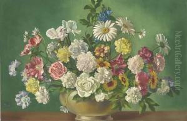 Carnations, Roses, Daisies, Tulips And Other Summer Flowers In Avase On A Ledge - view 1