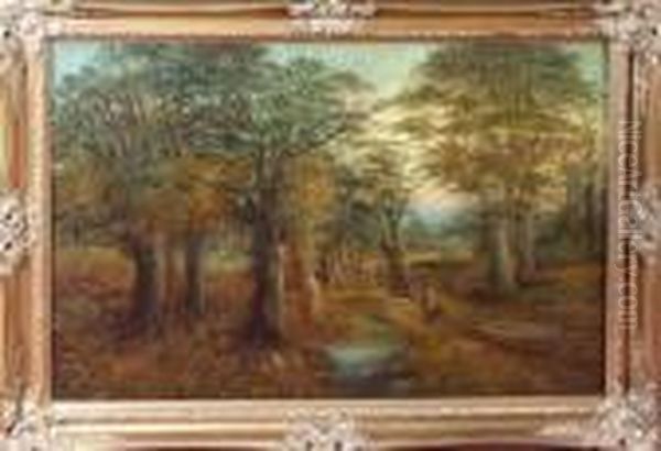 An Autumn Woodland Landscape With Shepherds And A Flock Of Sheep In The Foreground - view 1