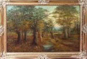An Autumn Woodland Landscape With Shepherds And A Flock Of Sheep In The Foreground by John Wallace