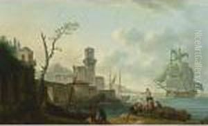 A Mediterranean Bay With Two
Sailing Vessels, And Fishermen With Their Nets And Boat And Other
Figures In The Foreground, A View Of A Harbour Town With A Castle And A
Lighthouse On The Left by Pierre Joseph Wallaert