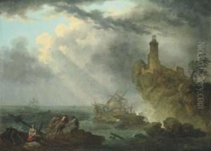 Naufrage Par Gros Temps, Survivants Sur Un Rocher, Un Phare Al'arriere-plan by Pierre Joseph Wallaert