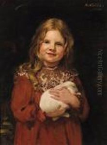 Portrait Of A Girl, Standing 
Half-length, Wearing A Brown Dress Andholding A Rabbit In Her Arms