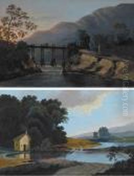 Travellers On A Wooden Bridge 
Across A Rivergorge And Cottage And Figures By A River Bend (a Pair) - view 1