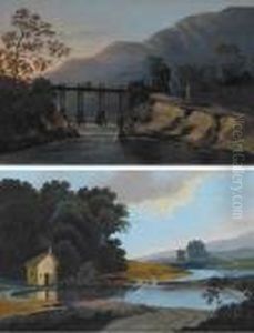 Travellers On A Wooden Bridge
Across A Rivergorge And Cottage And Figures By A River Bend (a Pair) by Thomas Walmsley