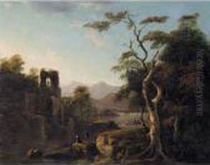 An Artist Sketching A Ruined Church In A Landscape
