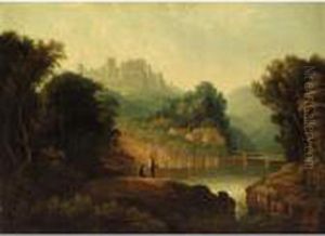 A River Landcsape With Fishermen In The Foreground And A Ruined Castle On A Hill Beyond by Thomas Walmsley