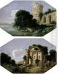 An Italianate Landscape With A Shepherd And Animals By A Ruined Roman Round Temple by Goffredo, Gottfried Wals