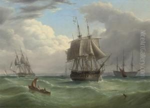 Two Large Frigates Running Into Spithead With A Flagship Of The Blue Anchored Beyond by Joseph Walter