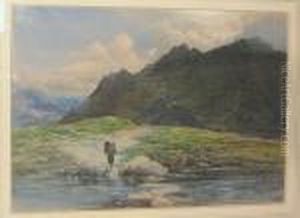 Landscape With Figure Stood At A River Bank, With Cattle And Mountains Beyond