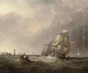 Commercial Traders Running Into The Mersey Past The Perch Rock Fortand Lighthouse