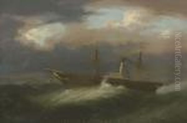 A Paddle Steamer Caught In A Gale Passing A Lighthouse - view 1