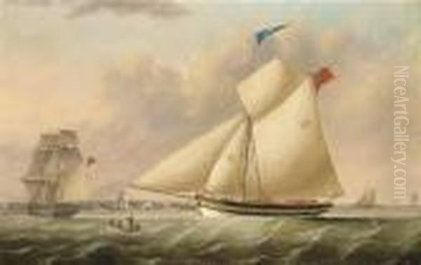 The Liverpool Pilot Cutter 
Perseverance (no. 12) Coming Astern Of Abritish Brig In The Mersey - view 1