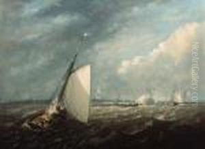 Busy Shipping Lanes Offshore With A Man-o'war Firing A Salute