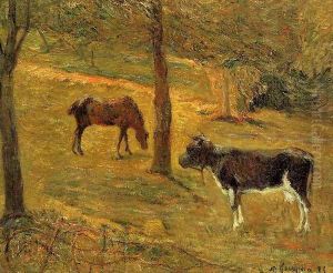 Horse And Cow In A Field by Paul Gauguin