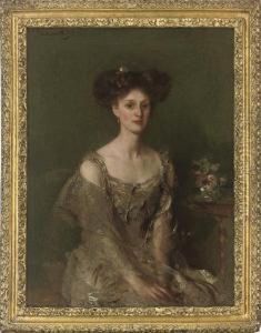 Portrait Of Emmy Mylne, Seated Three-quarter-length, In A Taupe Dress