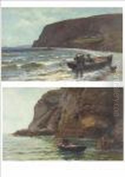 Fisherman In A Rowing Boat With
Lobster Pots Beside A Rocky Coastline; Beach Scene With Two Fisherman
Unloading The Catch, Cottages Beyond Both Signed, Oils On Canvas, Each
41cm By 66.5cm See Illustration - view 1