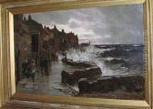 Fisherfolk On The Seafront At A Stormy Sunset, Signed, Oil On Canvas by Richard Wane